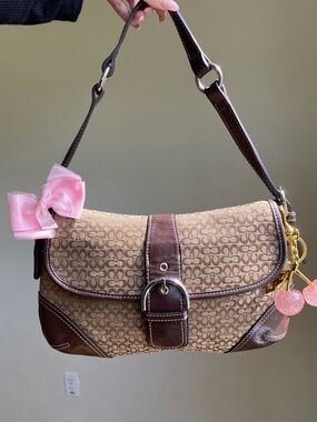 Coach Brown Monogram Shoulder Bag with Pink Bow